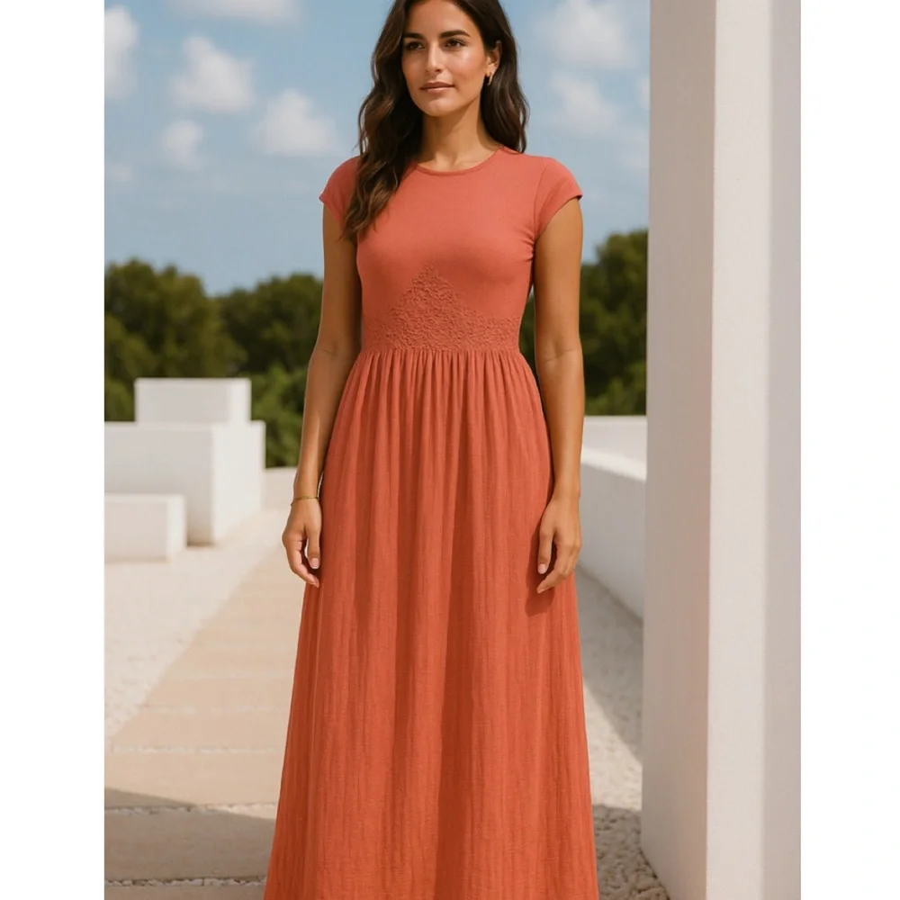 NWT Free People x Revolve Coral Open Back Short Sleeve High Slit Maxi Dress M - Picture 3 of 10